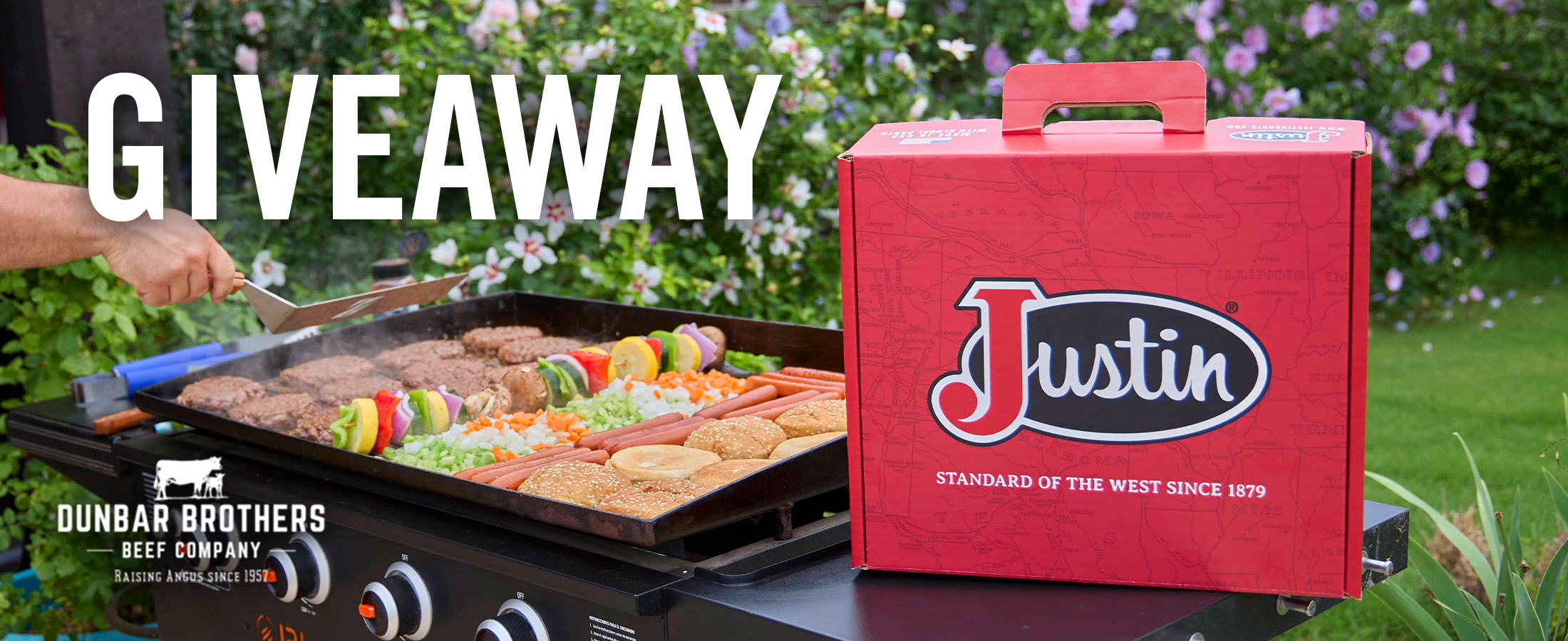 Giveaway. Dunbar Brothers Beef Company logo. A Justin boots Shoe box sitting next to food cooking on a grill.